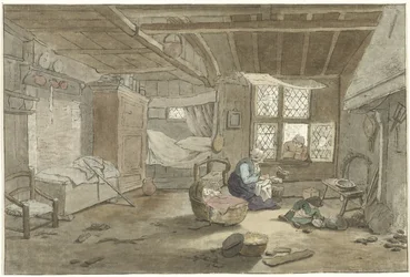 Interno con donna vicino alla culla