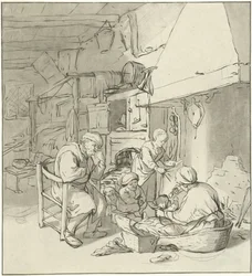Famiglia di contadini vicino al camino