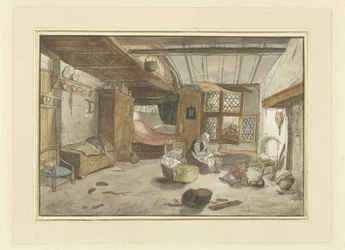Interno con donna vicino alla culla