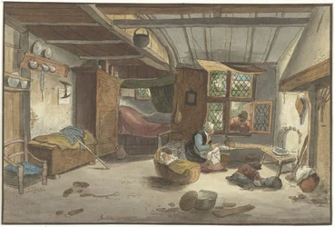 Interno con donna vicino alla culla