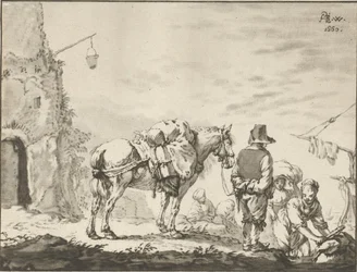 Uomo con cavallo vicino a una lavandaia