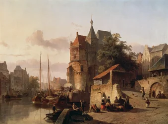 Scena olandese: edifici fortificati sulle rive di un canale