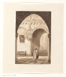 Interno di una chiesa con un monaco