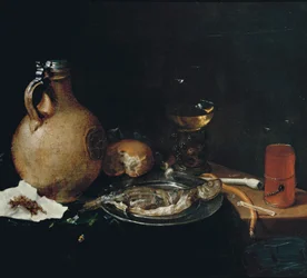 Boccale di terracotta, tabacco in un pezzo di carta, un panino, una pipa di argilla bianca, un roemer, aringa affettata su un piatto di peltro e un kometenglas su un tavolo parzialmente drappeggiato, 1664