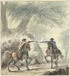 Due cavalieri che si incontrano su una strada forestale e si sparano