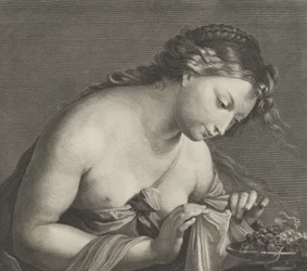 Erigone chinata su un piatto di uva e sollevando un pezzo di stoffa con entrambe le mani, ca. 1700