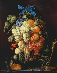 Bouquet di frutta con simboli eucaristici su una mensola sottostante
