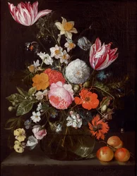 Fiori in un vaso di vetro su un cornicione di pietra con albicocche