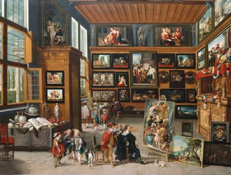 Un ampio ingresso con quadri, oggetti da collezione, un artista e un intenditore, c.1635-1640