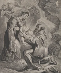 La visione di San Francesco, inginocchiato a destra, che riceve il Bambino Gesù dalla Vergine..., 1650