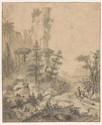 Strada di montagna con uomo e due muli