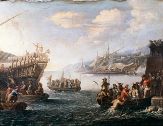 Soldati che si imbarcano per combattere i Turchi nel porto di Genova