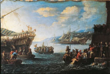 Truppe che si imbarcano su una galea nel porto di Genova