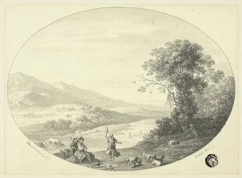 Paesaggio italianeggiante con ballerina, musicisti e capre