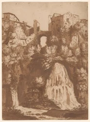 Veduta di Tivoli con il ponte sulla cascata dell
