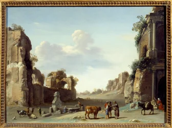 Veduta fantastica di Campo Vaccino a Roma con due asini