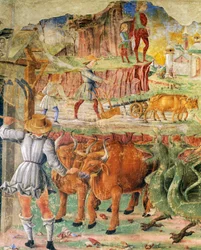 Immagine agricola, dettaglio dal Trionfo di Cerere, scena del Mese di Agosto, ca 1470, attribuito a Cosimo Tura e Maestro di Ercole