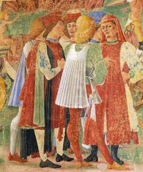 Gruppo di mercanti, dettaglio dal Trionfo di Cerere, scena dal Mese di Agosto, attribuito a Cosimo Tura (circa 1430-1495) e Maestro di Ercole, affresco, parete nord, Sala dei Mesi, Palazzo Schifanoia, Ferrara, Italia, circa 1470