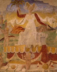 Trionfo di Cerere, scena dal Mese di Agosto, attribuito a Cosimo Tura (circa 1430-1495) e Maestro di Ercole, affresco, parete nord, Sala dei Mesi, Palazzo Schifanoia, Ferrara, (dettaglio), Italia, circa 1470