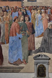 Il gruppo degli umanisti neoplatonici (da sinistra, Marsilio Ficino, Giovanni Pico della Mirandola e Agnolo Poliziano): dettaglio dell