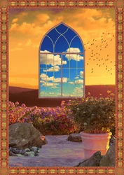 Finestra sul giardino al tramonto