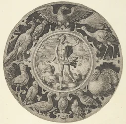 Aer in una cornice decorativa con uccelli, da una serie di disegni circolari con il F..., 1590-1612