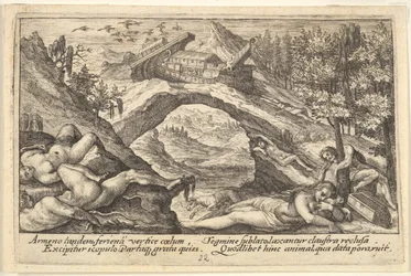 Dopo il Diluvio: corpi umani sparsi sulla terra asciutta in primo piano, l