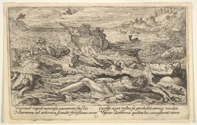 Il diluvio distrugge la vita sulla terra: cadaveri di umani e animali alla deriva in primo piano..., 1612