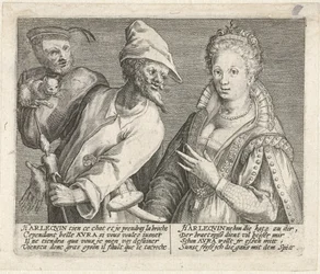 Aura tenta di sedurre Arlecchino Mimicarum aliquot facetiarum icones ad habitum Italicum expressi (titolo della serie)
