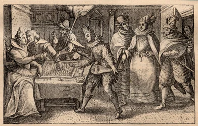 Una partita di backgammon con giocatori itineranti - Incisione su rame olandese; da una serie di stampe, Hortus Voluptatem, di Crispin de Passe (1550-1643) - Una coppia che gioca a backgammon sorpresa da cinque uomini mascherati incisione di Crispin de Pas