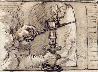 Mani che spengono una candela in un candeliere (penna e inchiostro marrone con lavaggio marrone su carta)