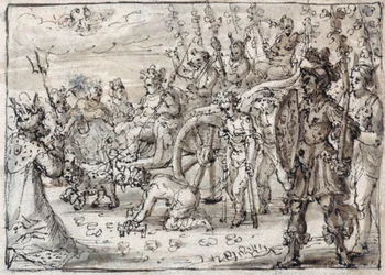 Ingresso trionfale di Bacco indiano a Tebe (penna e inchiostro marrone con lavaggio marrone su carta)