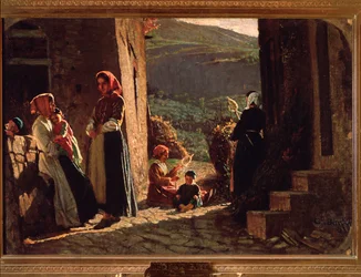 Incontro di contadine con bambini al tramonto