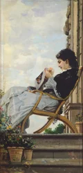 Donna che cuce sulla terrazza