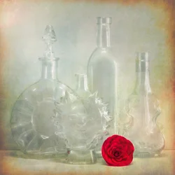 Bottiglie vintage con fiore rosso