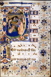 Coro del XV secolo con una lettera miniata "P" che rappresenta la natività di Cristoforo Cortese. Inizio XV secolo
