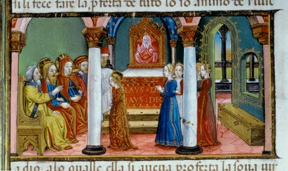 Illustrazione che raffigura Maria che prende il voto di verginità, nel Codice De Predis