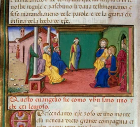 Gesù va alla sinagoga di Nazareth di sabato e legge il libro del profeta Isaia Miniatura di Cristoforo De Predis dopo la Storia del Nuovo Testamento