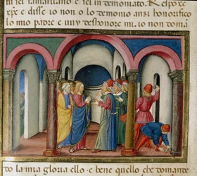 Gesù viene interpellato vicino al tempio di Salomone da ebrei che gli chiedono di provare la sua identità Miniatura di Cristoforo De Predis (1440-1486) dopo la Storia del Nuovo Testamento