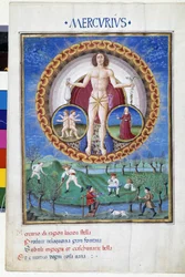 Mercurio con segni zodiacali della Vergine e dei Gemelli. In basso, contadini che lavorano nei campi. Miniatura realizzata da Cristoforo de Predis (v. 1440-v. 1486) - in "De Sphaera" d