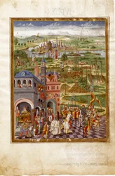 Scena di tortura e condanne in una città medievale. Influenze di Saturno (miniatura, ca. 1470)