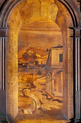 Paesaggio, intarsio (dettaglio del coro ligneo)