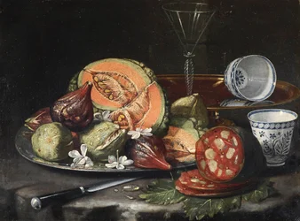 Natura morta: Melone, salame, fichi e porcellane cinesi