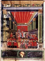 Investitura di Ludovico Maria Sforza detto il Moro (1452-1508) - miniatura dal Messale del cardinale Arcimboldi, realizzata dal celebre miniatore Cristoforo de Predis. Biblioteca Capitolare, Milano.