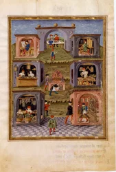 Influenze di Mercurio: gli artigiani. Una scena di cucina circondata da una scena di pasto, un copista, un orologiaio, un armaiolo, un organaro, uno scultore e un pittore di arte sacra (miniatura, c.1470)