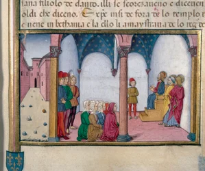 Gesù insegna al Tempio Miniatura di Cristoforo De Predis dopo la Storia del Nuovo Testamento