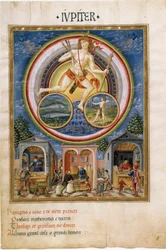 Giove con segni zodiacali di pesci e sagittario. Mercanti che vendono vari articoli