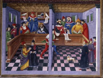 Il Tribunale in "Influenza di Marte": la caccia e il tribunale. Miniatura di Cristoforo de Predis in "De Sphaera" d