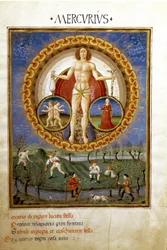 Mercurio con i segni zodiacali della Vergine e dei Gemelli. Contadini al lavoro nei campi, miniatura, circa 1470