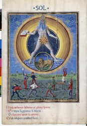 Sole con il segno zodiacale del leone. In basso scene di esercizi fisici degli uomini. Miniatura di Cristoforo de Predis in "De Sphaera" d